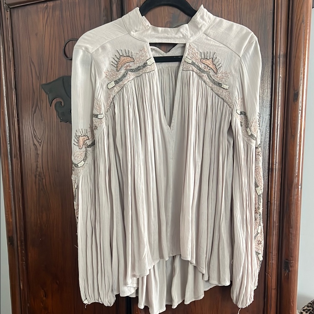 Cream Long Sleeve Pleated Blouse with Mandarin Collar